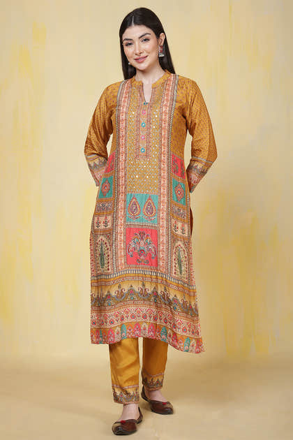 Mustard Printed Muslin Straight Suit