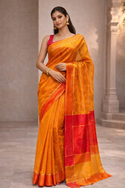Mustard Chanderi Cotton Printes Saree