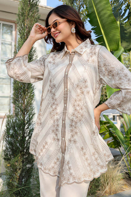 Cream Cotton Resham Embroidered Co-ord Set