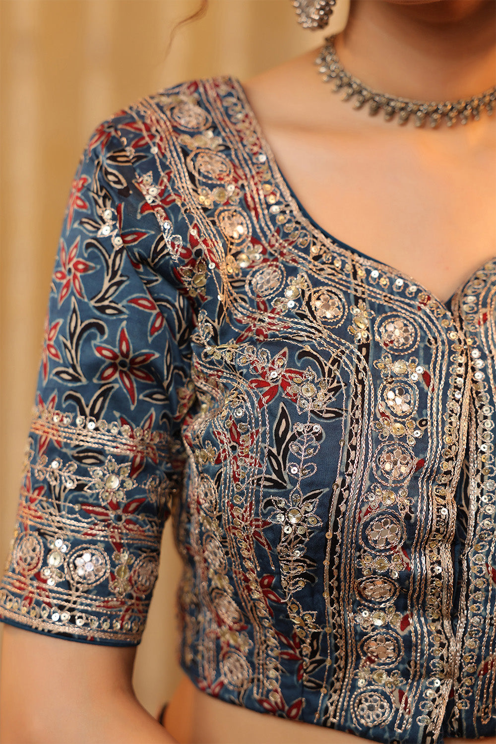 Navy & Beige Printed And Embroidered Pure Mulberry Silk Saree