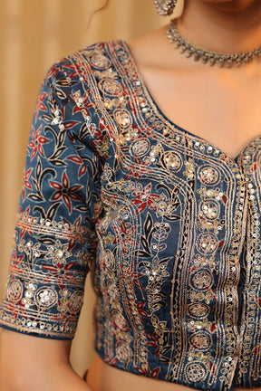 Navy & Beige Printed And Embroidered Pure Mulberry Silk Saree