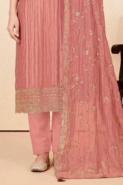 Dusty Peach Tissue Silk Embroidered Unstitched Suit Fabric