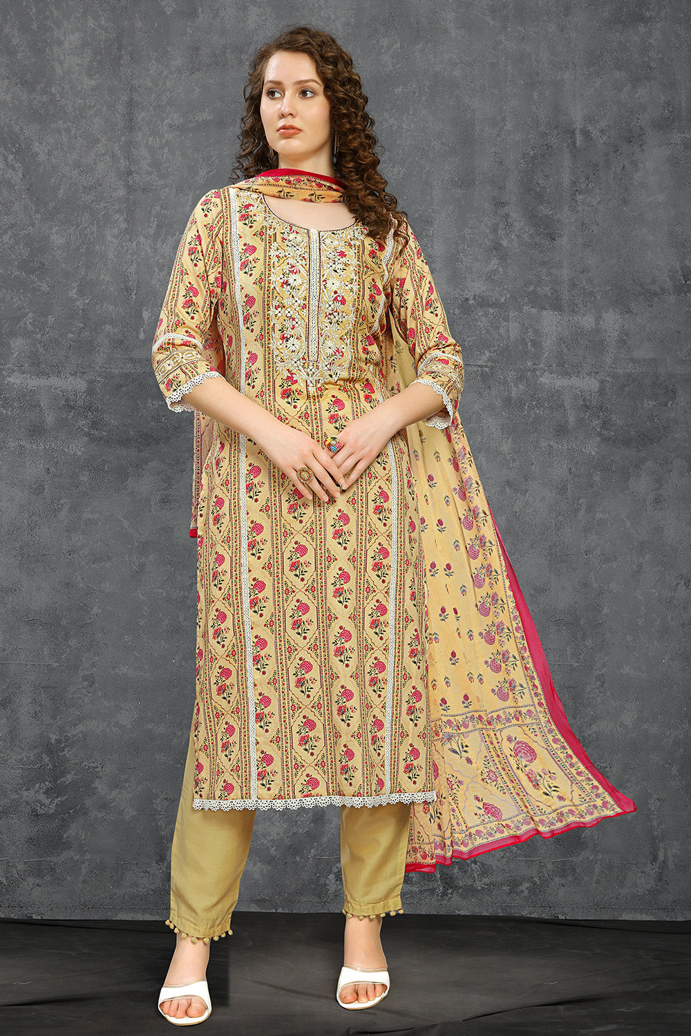 Mustard Color Floral Printed Cotton Unstitched Material