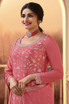 Coral Color Embroidered Georgette Unstitched Suit Material With Stitched Sharara