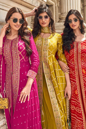 Maroon Color Georgette Bandhani Printed & Embroidered Front Slit Anarkali Suit With Palazzo