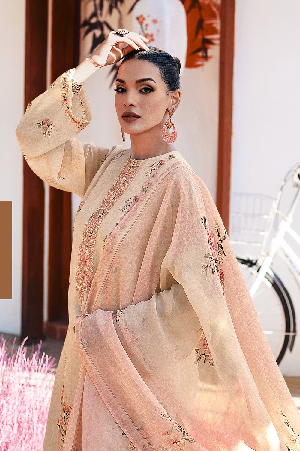 Beige Color Crepe Silk Printed Unstitched Suit Material