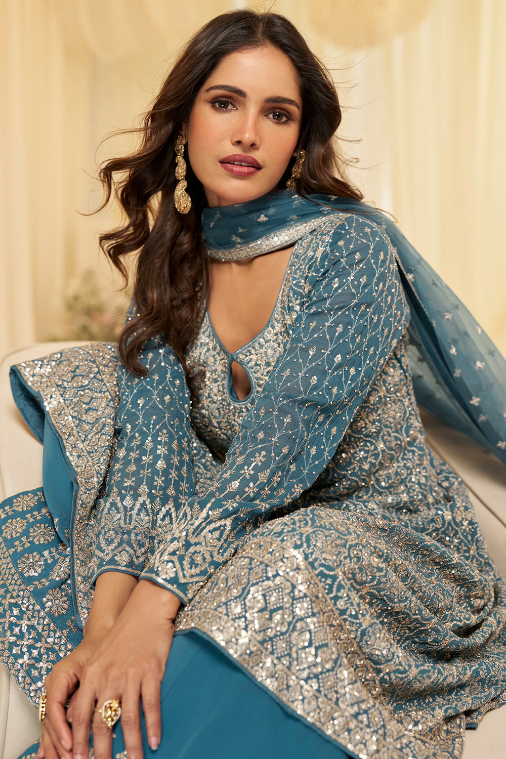 Blue Georgette Embroidered Anarkali Suit Set
