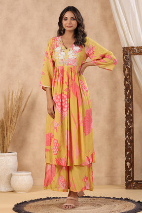 Mustard Color Muslin Printed Front Slit Kurta With Sharara