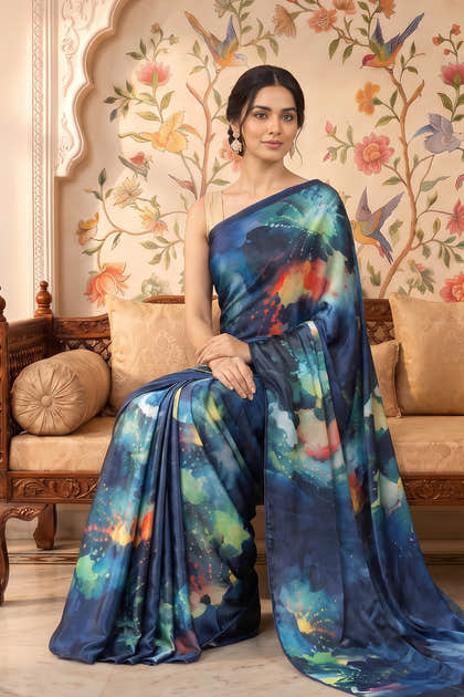 Blue Satin Abstract Printed Saree