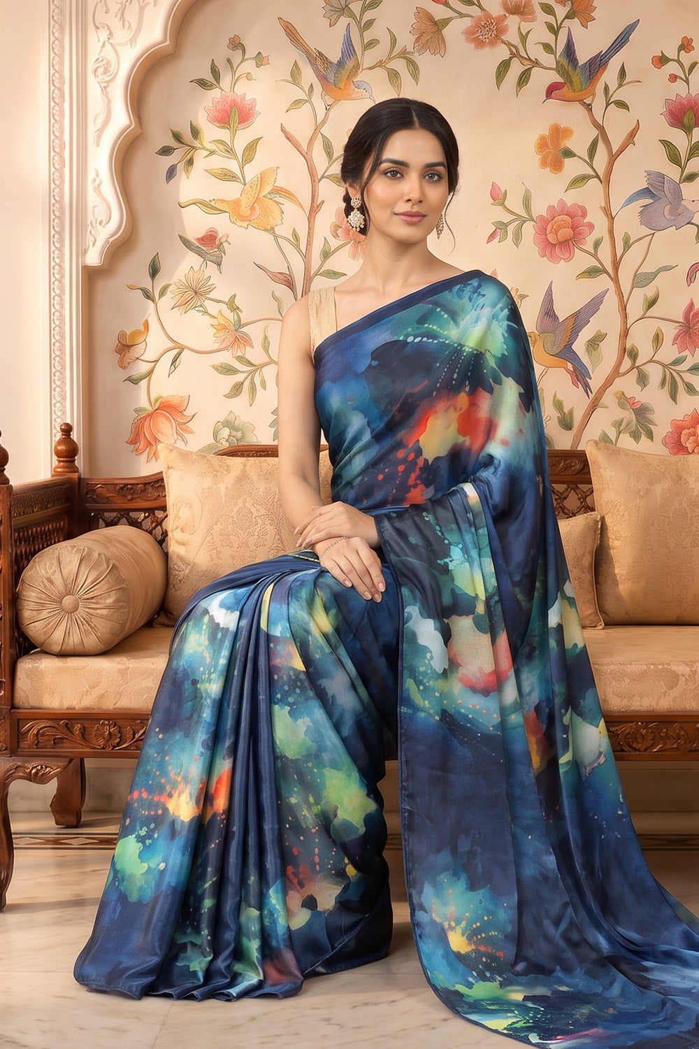 Blue Satin Abstract Printed Saree