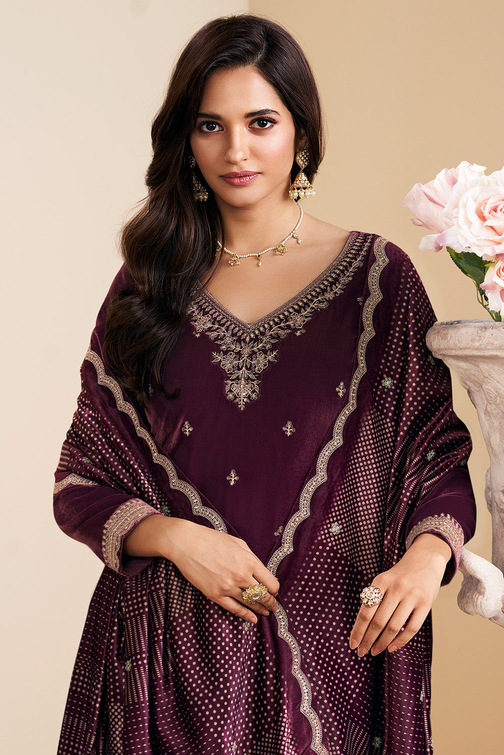 Wine Velvet Zari and Sequins Embroidered Unstitched Suit Fabric
