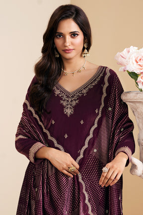 Wine Velvet Zari and Sequins Embroidered Unstitched Suit Fabric