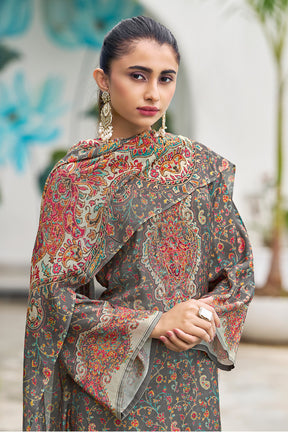 Grey Muslin Floral Printed Unstitched Suit Material