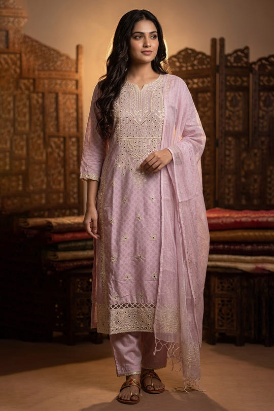 Pink Cotton Mirror Work & Resham Embroidered Suit