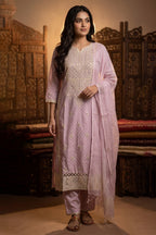 Pink Cotton Mirror Work & Resham Embroidered Suit