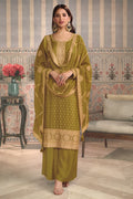 Olive Green Color Silk Embroidered Unstitched Suit Fabric