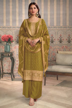 Olive Green Color Silk Embroidered Unstitched Suit Fabric