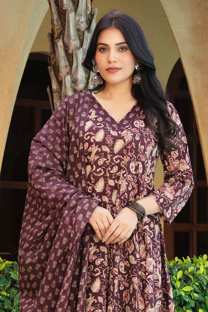 Dark Scarlet Cotton Printed Floor Lenght Anarkali Suit