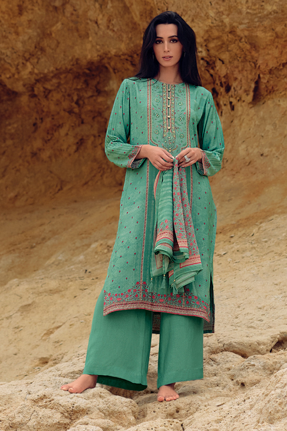 Teal Color Cotton Silk Printed Unstitched Suit Material