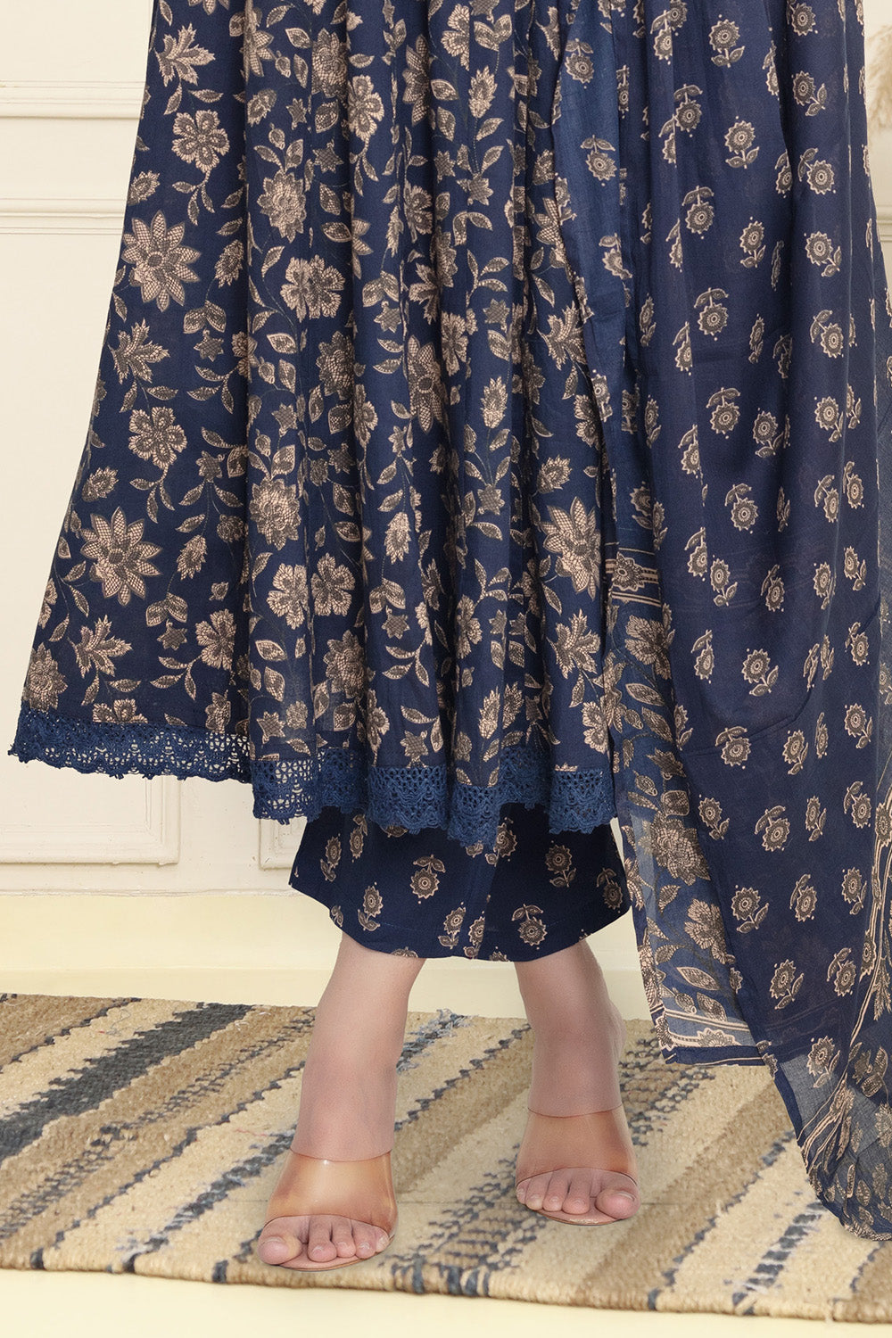Navy Cotton Floral Printed Anarkali Suit Set