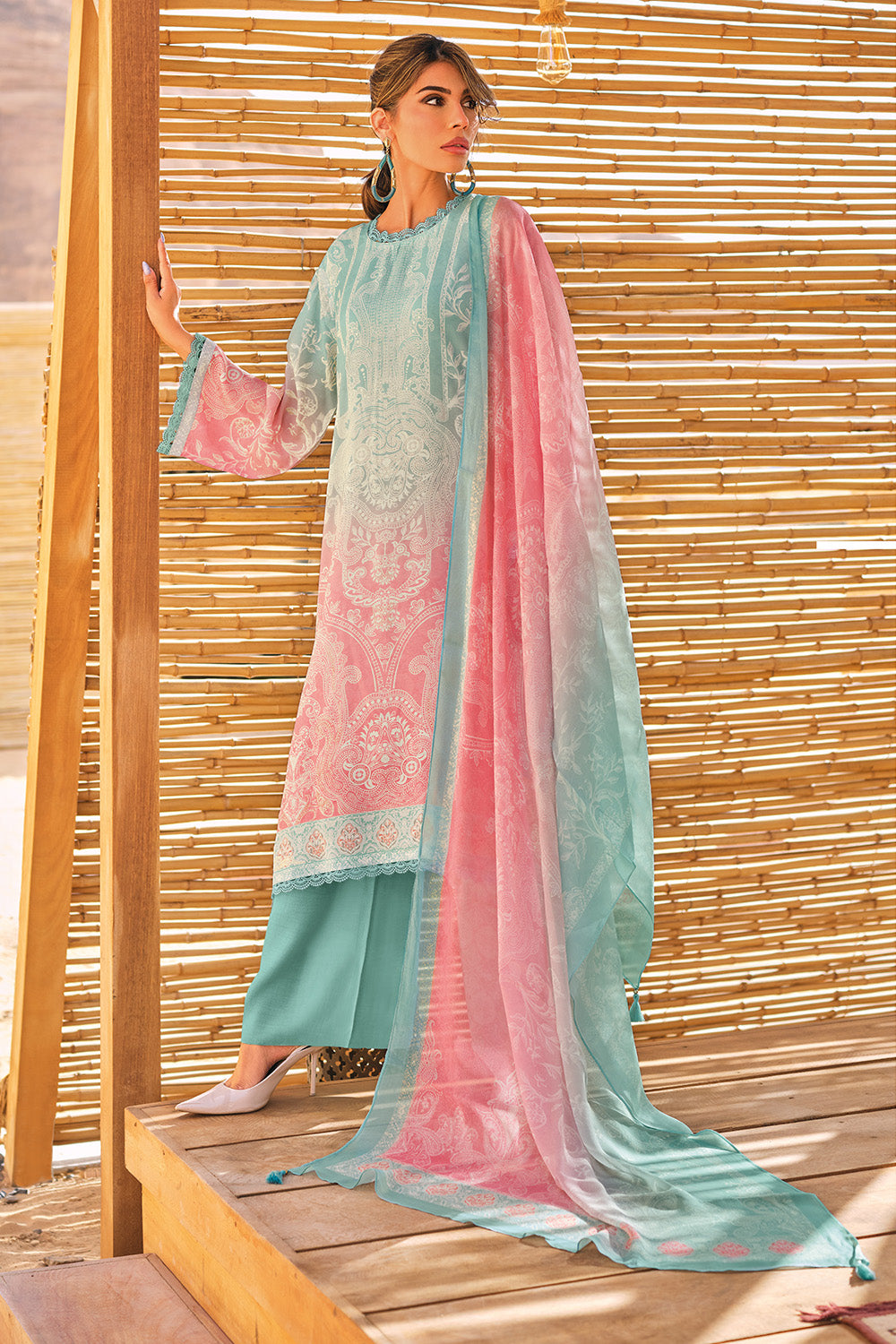 Turquoise & Pink Color Cotton Printed Unstitched Suit Material