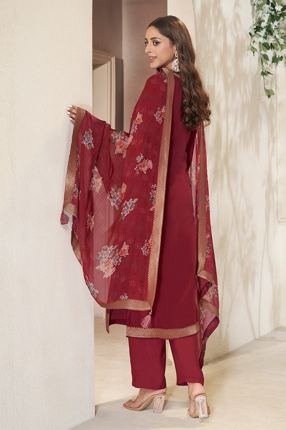 Maroon Silk Zari Woven Suit Set