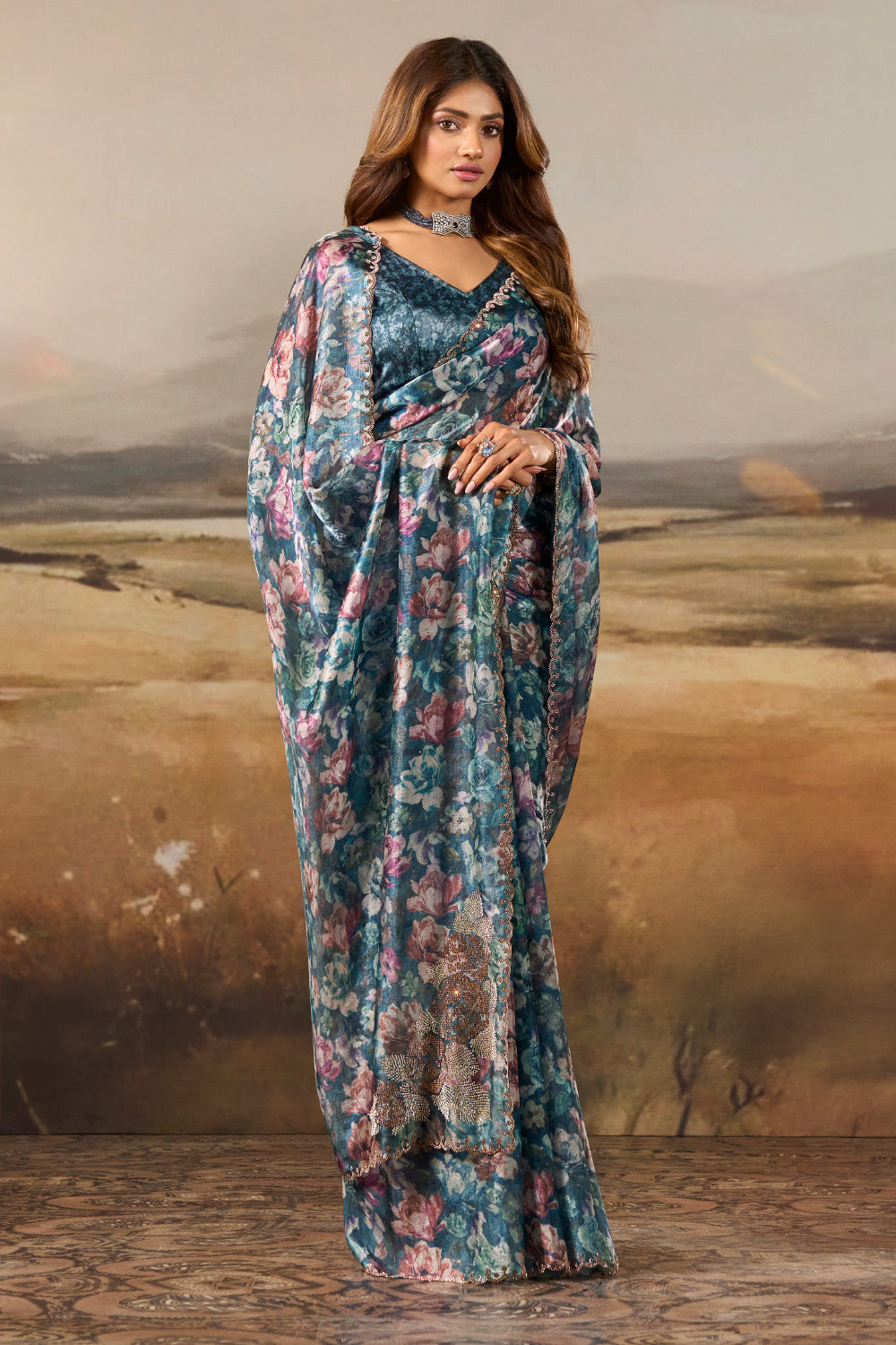 Blue Shimmer Floral Printed Saree with Swarovski Work on Border