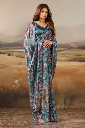 Blue Shimmer Floral Printed Saree with Swarovski Work on Border