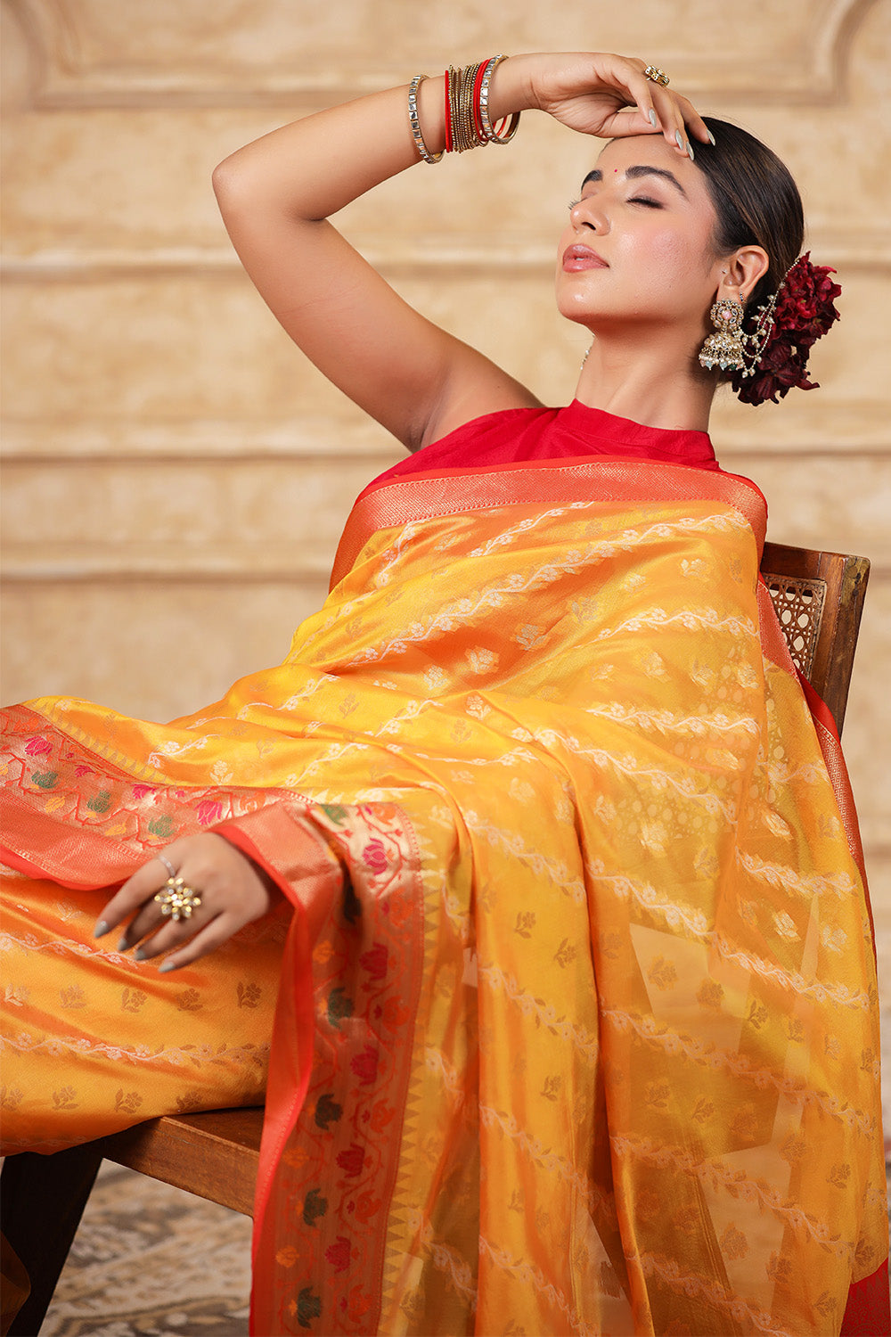 Mustard Color Organza Cotton Woven Saree