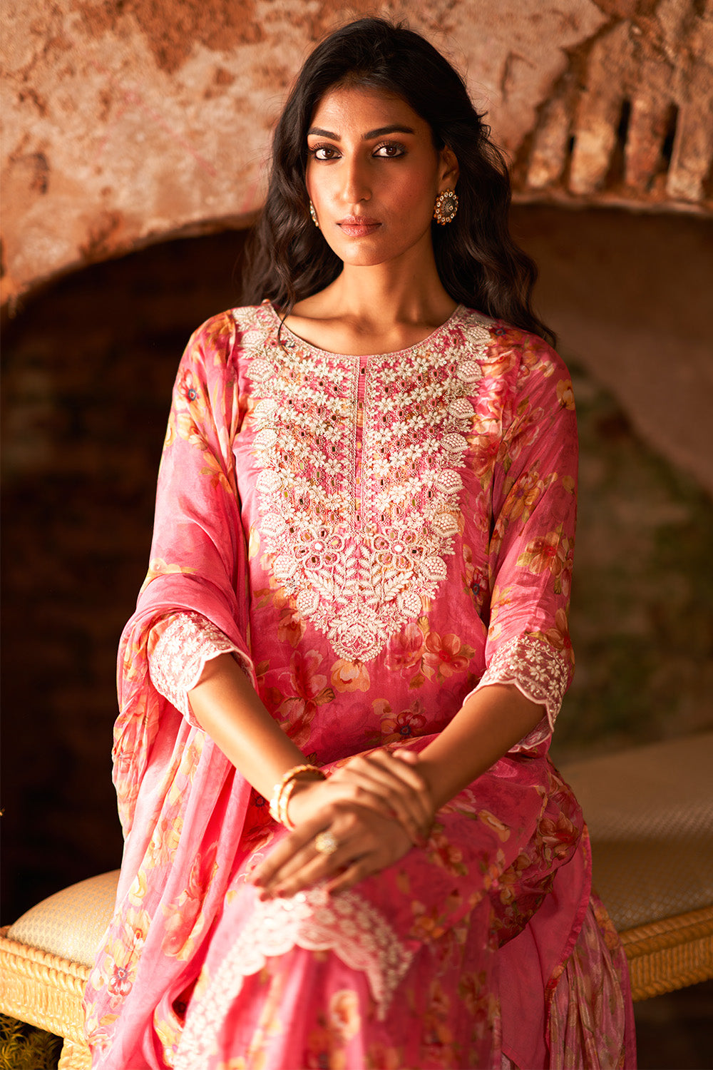 Pink Color Crepe Silk Embroidered &amp; Floral Printed Suit with Gharara