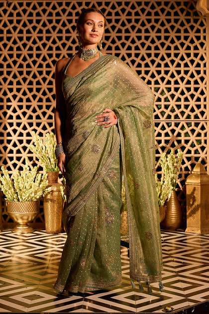 Seagreen Sequins Embroidered Salsa Tissue Saree