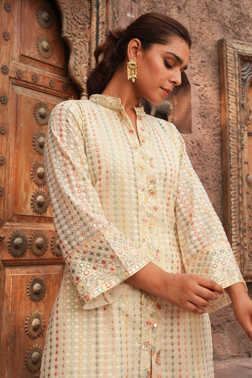 Cream Color Georgette Embroidered Kurta Set