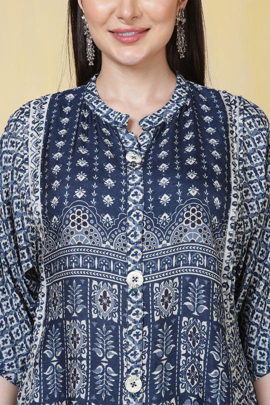 Navy Blue Muslin Printed Kurta Set