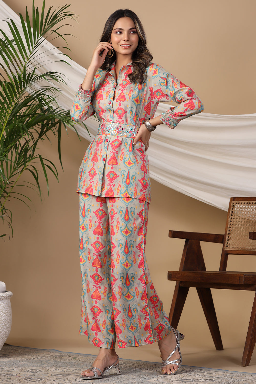 Grey Color Muslin Printed Pallazo Co-Ord Set