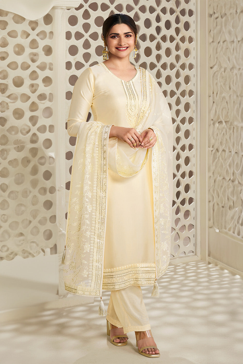 Cream Color Chinon Resham Embroidered Unstitched Suit Material