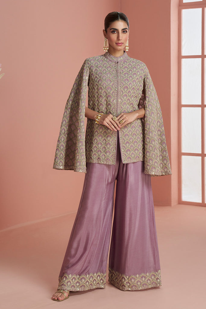 Dusty Pink Crepe Silk Embroidered Dress With Embroidered Palazzo