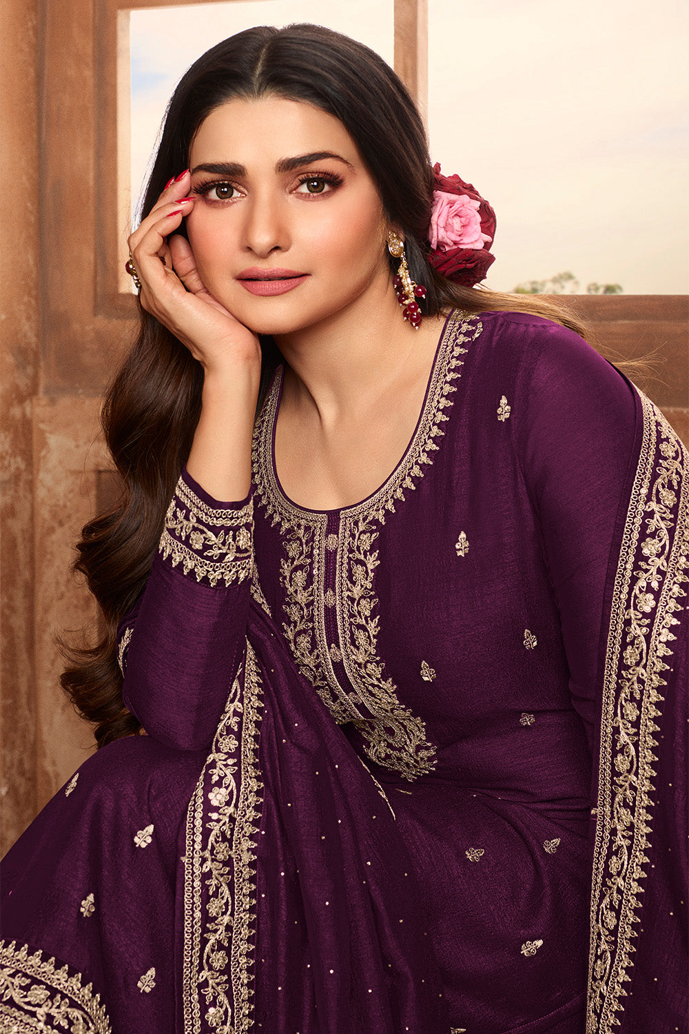 Purple Color Silk Embroidered Unstitched Suit Fabric