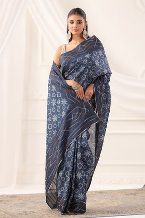 Navy Tussar Silk Printed Saree