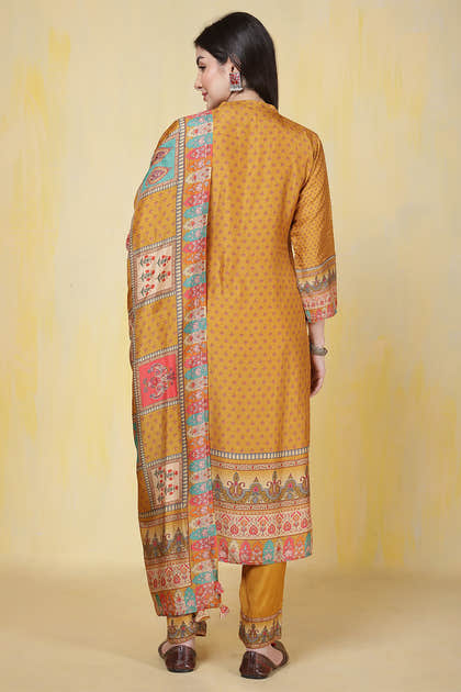 Mustard Printed Muslin Straight Suit