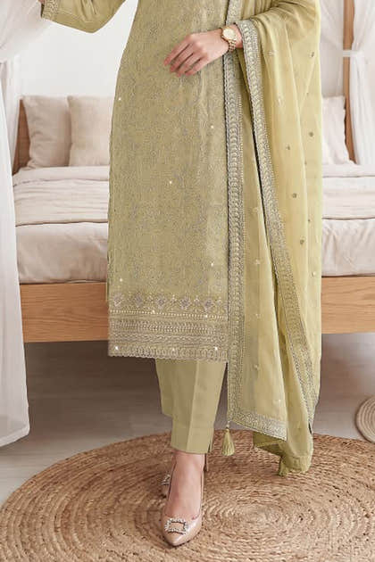 Pista Green Georgette Resham Embroidered And Swaroski Work Unstitched Suit Material