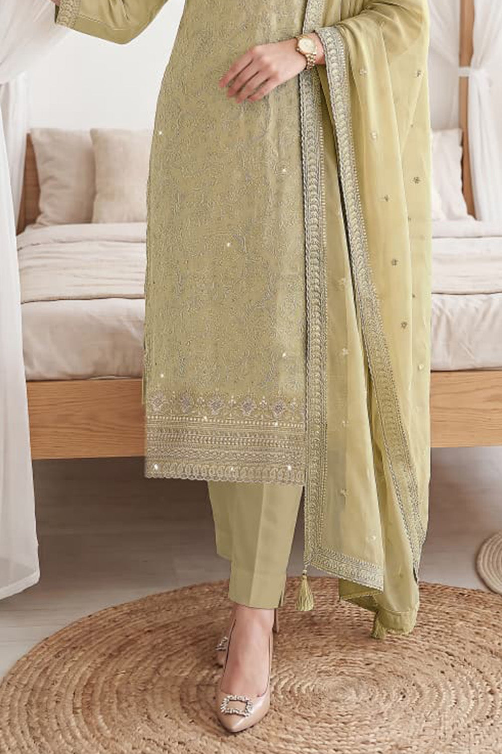 Pista Green Georgette Resham Embroidered And Swaroski Work Unstitched Suit Material