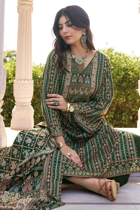 Bottle Green Spun Mughal-Inspired Paisley Printed Unstitched Suits Material