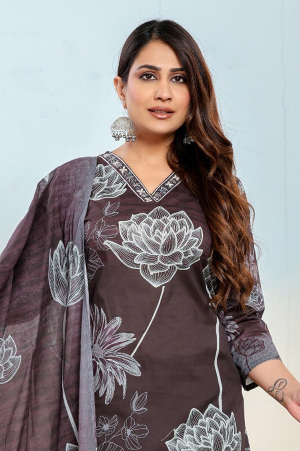 Brown Cotton Floral Printed Suit Set