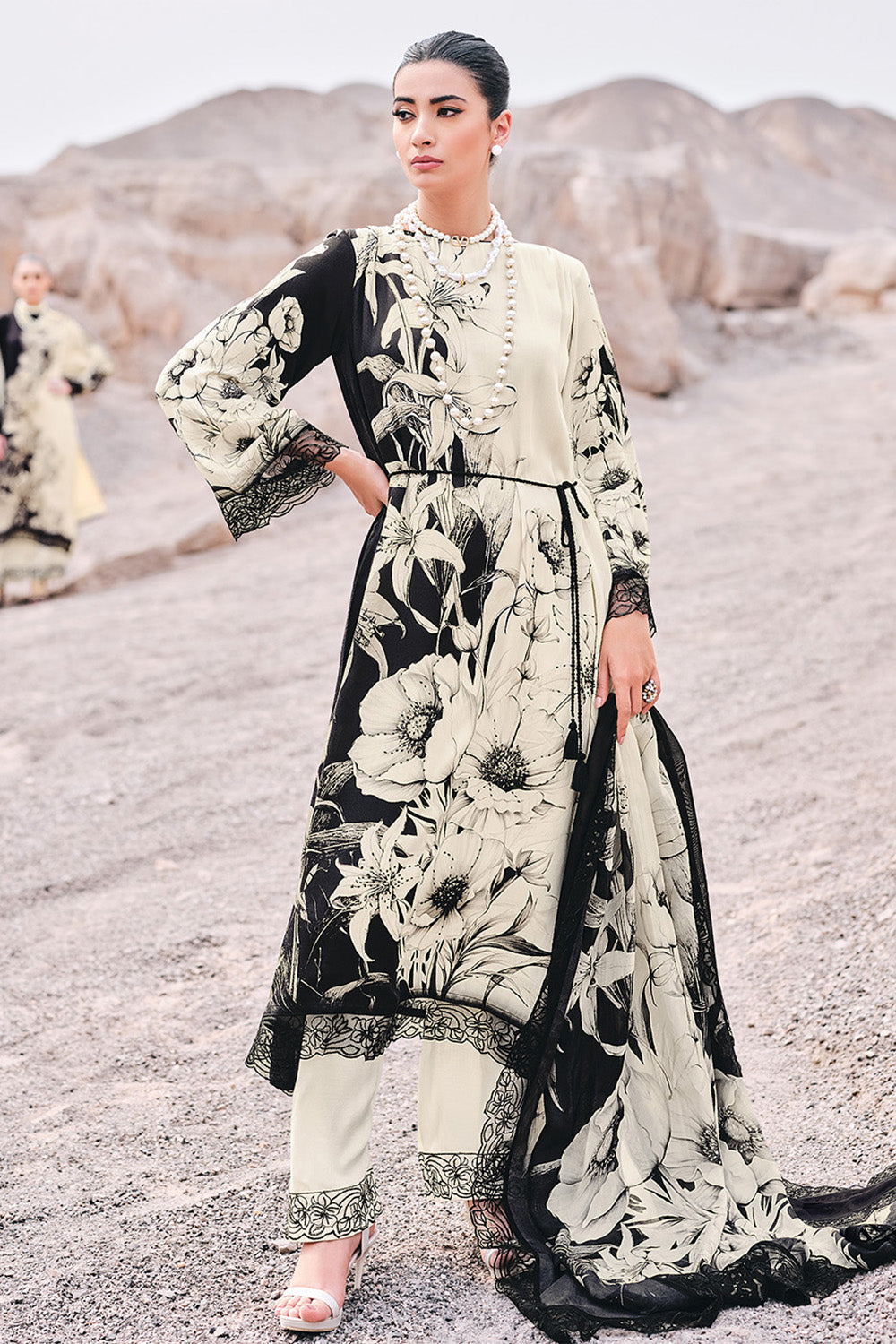 Black & Cream Color Muslin Floral Printed Unstitched Suit Material