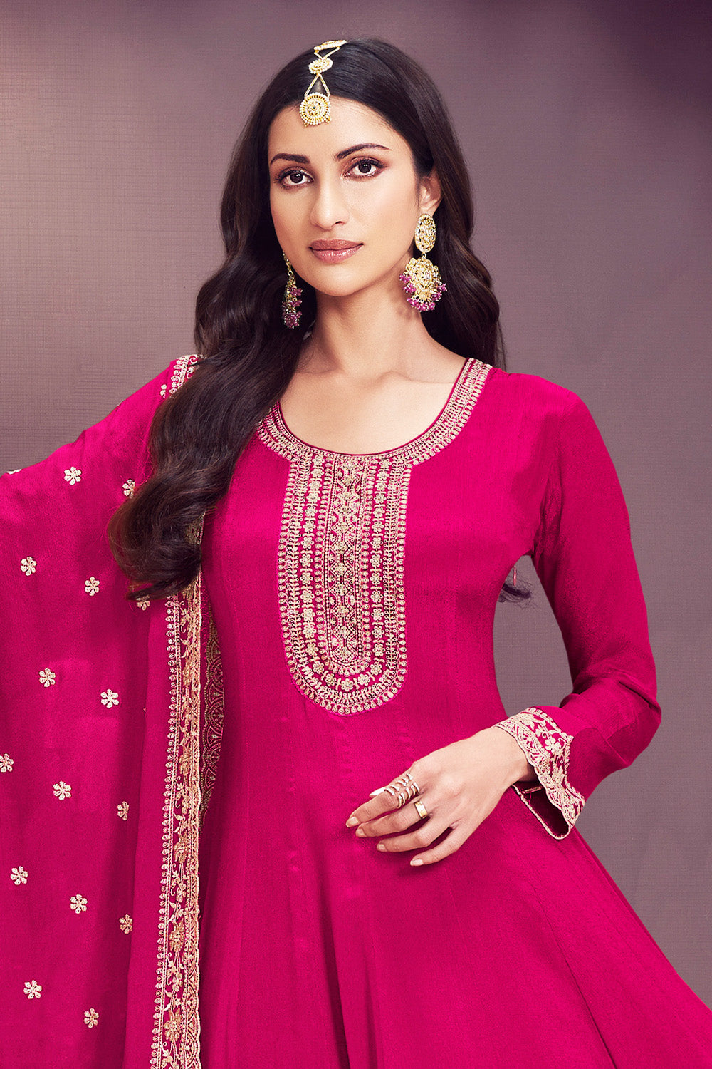 Magenta Pink Color Crepe Resham Embroidered Unstitched Suit Fabric