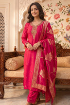 Maroon Neck-Embroidered Suit With Woven Dupatta