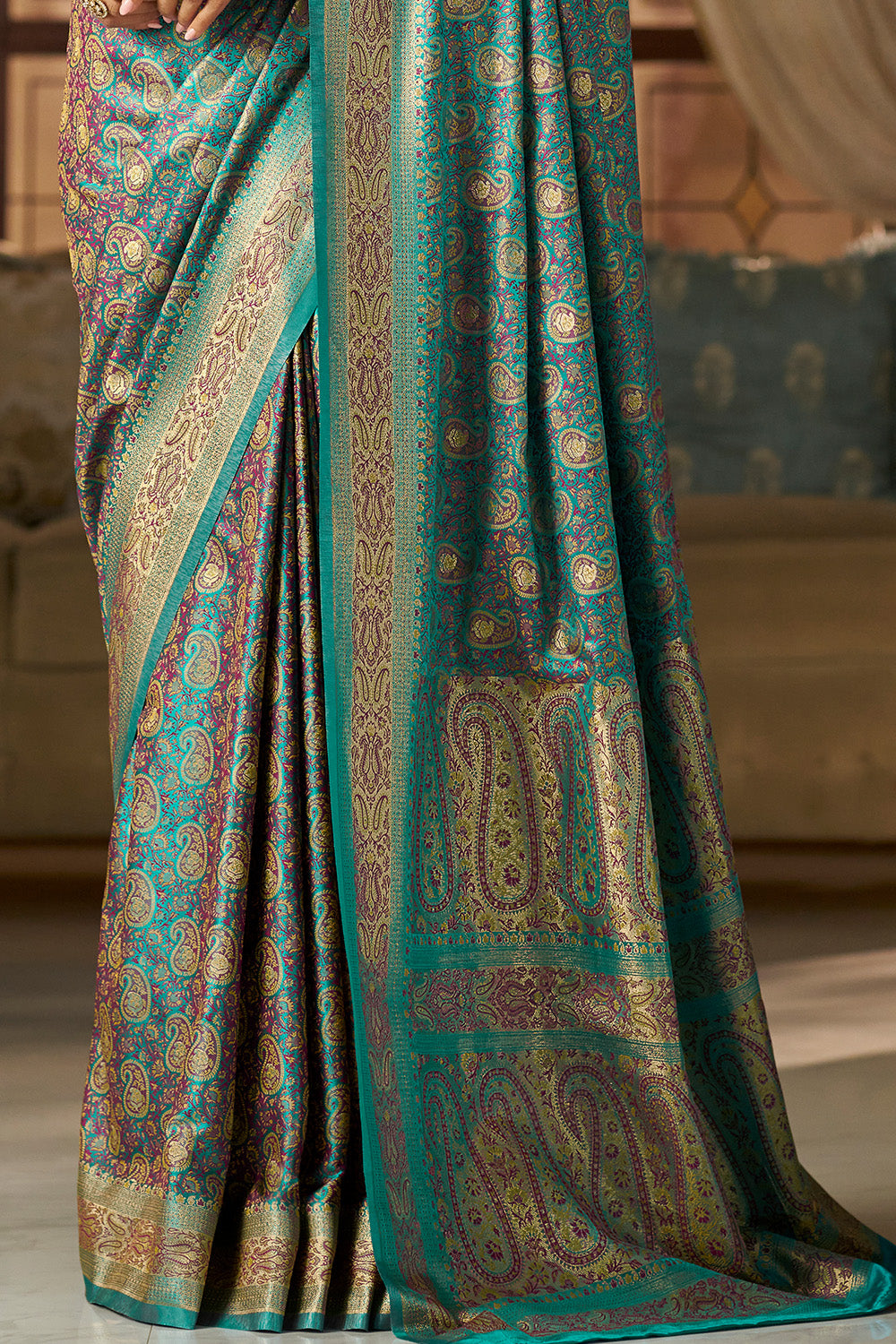 Teal Color Minakari Woven Silk Saree