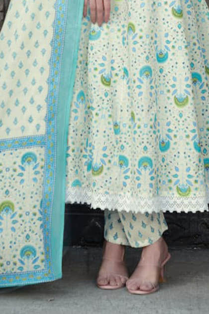 Cream & Blue Cotton Floral Printed Floor Lenght Anarkali Suit