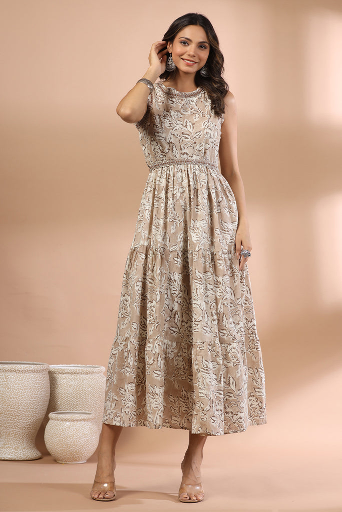 Beige & Cream Color Cotton Printed Peonies Dress