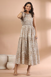 Beige & Cream Color Cotton Printed Peonies Dress